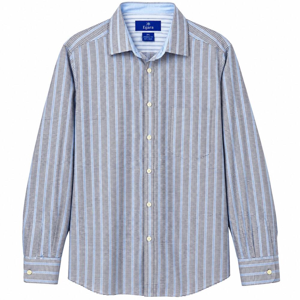Egara Mens 3XL Modern Fit Non Iron Dress Shirt Blue Gray Check Spread Collar